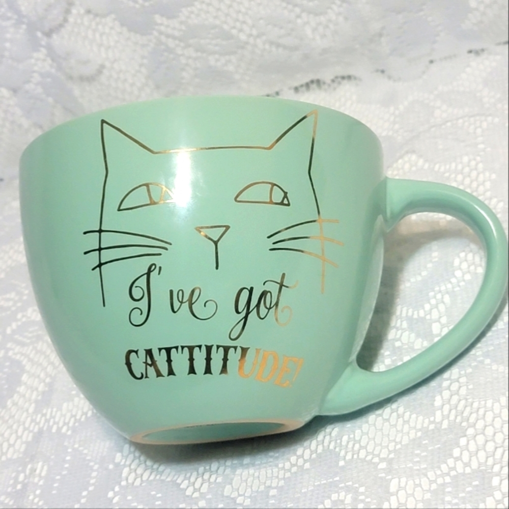 I've Got CATtitude Cat Lover Mug Large Teal Soup Bowl Gold Cat Design Teacup
